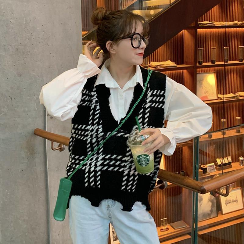 Rutig stickad tröja väst kvinnor retro enkel matchande koreansk lös casual snygg v-ringad kvinnlig oregelbunden street-wear harajuku