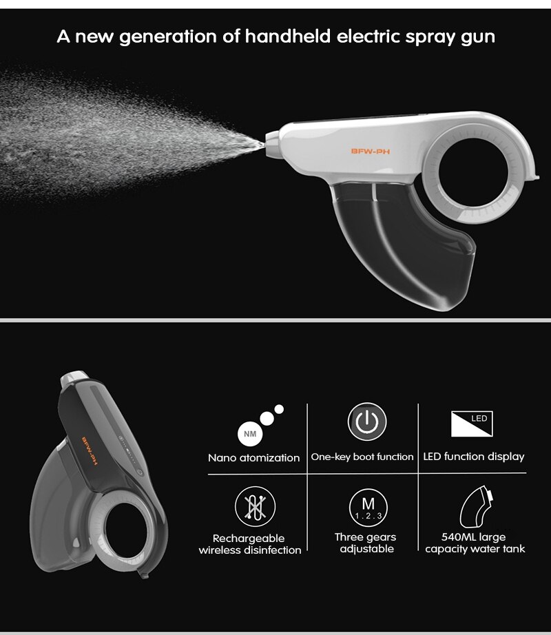 Pistola a spruzzo nano portatile polverizzatore atomizzatore senza fili elettrico luce blu pistola di disinfezione ricaricabile USB per giardino ufficio