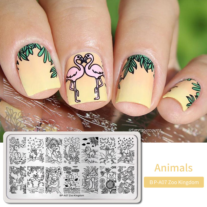 BORN PRETTY-placas para estampación, plantillas de estampado con motivos de animales bonitos, mariposas, manicura rectangular, impresión DIY de placas para uñas