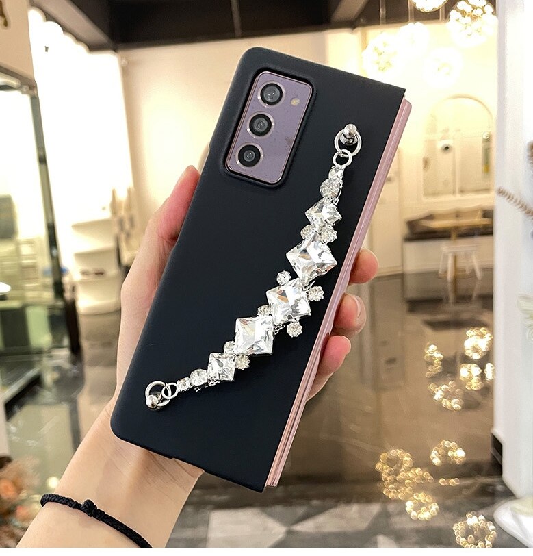 Diy luxo moda bling diamante strass mão corrente pulseira caso capa para samsung galaxy z fold 2 3 5g duro de volta capa