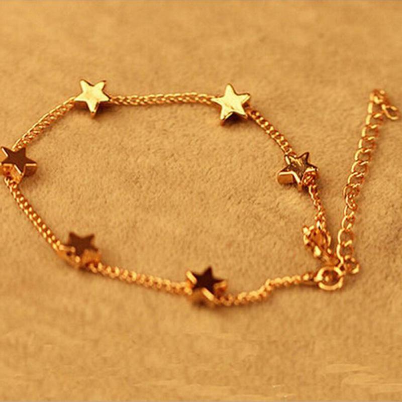 Nova senhora meninas pulseira simples ouro cheio chique coração estrelas na moda fina corrente pulseira manguito jóias festa presente