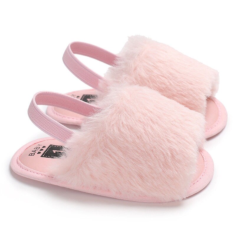 Spädbarn nyfödd flicka söta mjuka håriga sommarsandaler halkfria flip-flop småbarn barnskor prewalker söta tofflor 0-18m: Rosa / 13-18 månader