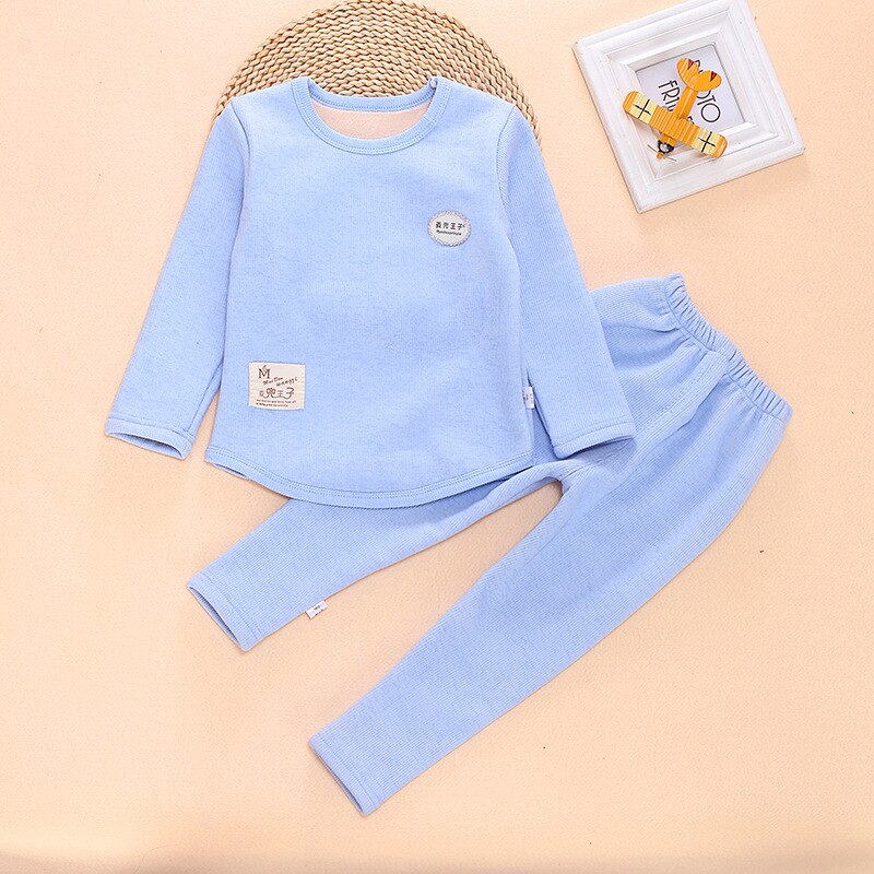 Winter Effen Kleur Katoen Kinderen Pyjama Sets Warm Baby Meisjes Jongens Kleding Jongen Meisje Plus Fluwelen Dikke Kids Nachtkleding: Blauw