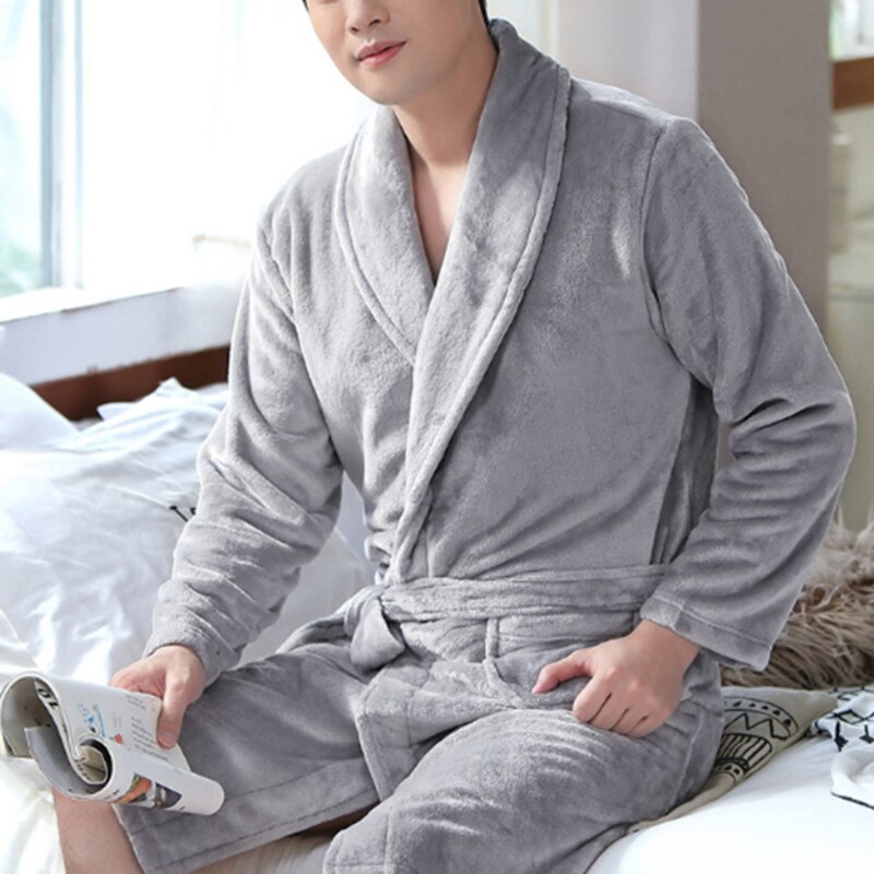 Men Casual Wine Red Kimono Bathrobe Autumn Winter Flannel Long Robe Thicken Warm Soft Sleepwear Nightgown Male Casual Home Wear: Light Gray