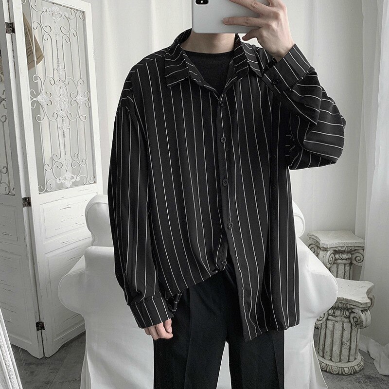 Iefb herr randiga skjortor höst herr långärmad lös skjorta herr oversized toppskjorta solskyddskläder  hd371