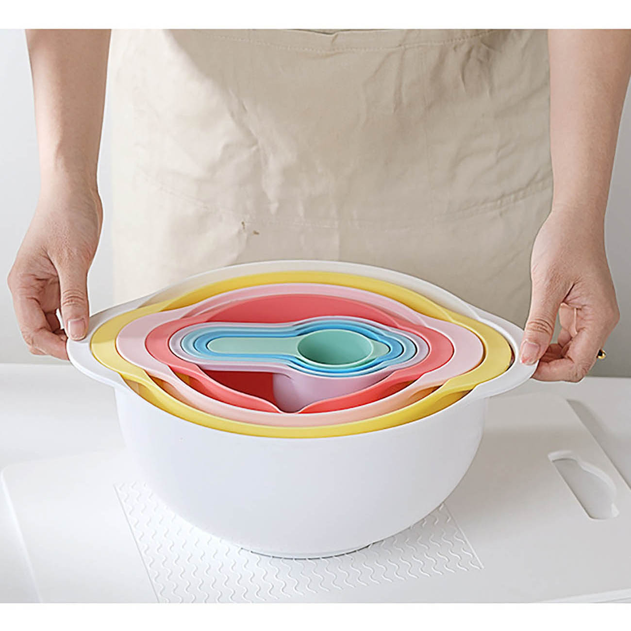 8PCS Mixing Rainbow Bowls Set Kitchen Bowl Set Salad Bowl Plastic Baking Measuring Cup Measuring Spoon Set Kitchen Gadgets