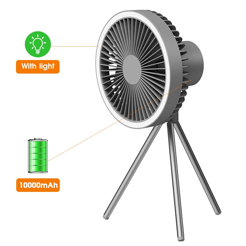 Wielofunkcyjne urządzenia domowe USB wymagalny biurko stojak trójnóg wentylator chłodzący z lampką nocną na wolnym powietrzu kemping wentylator sufitowy: 10000mAh ciemny szary