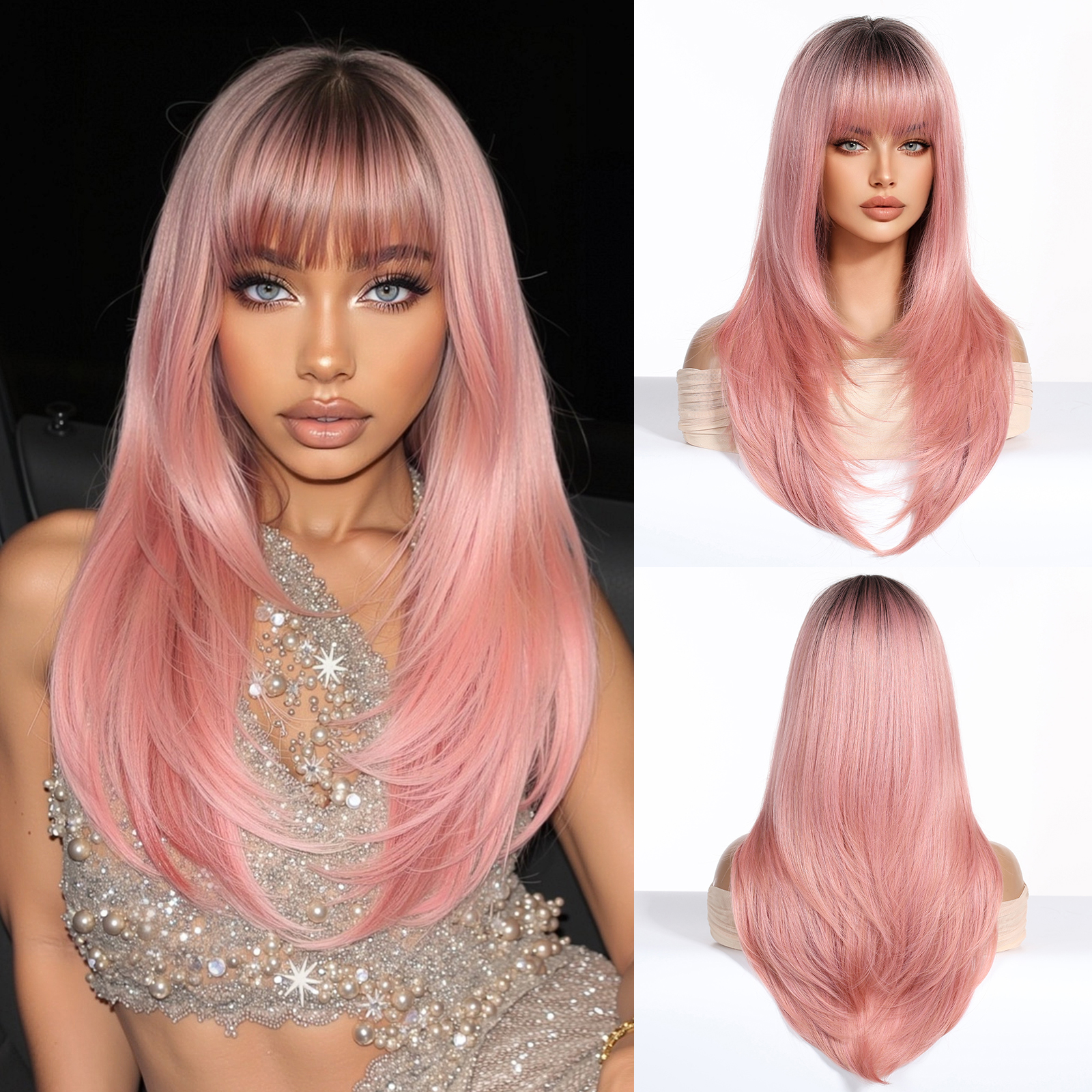 Easihair lång silverfärgad med blonda slingor syntetiska peruker för kvinnor rak med lugg naturlig peruk cosplay-hår värmebeständigt