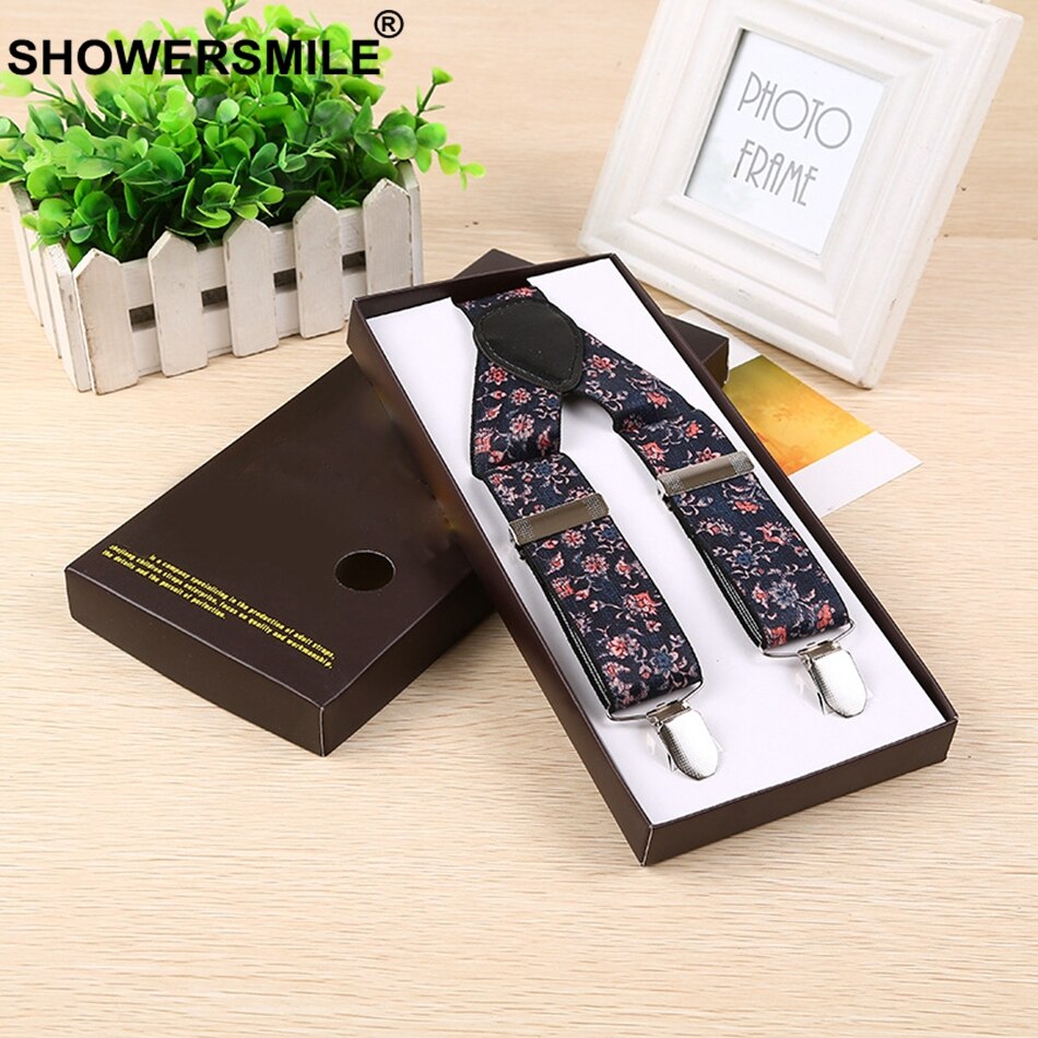 SHOWERSMILE-bretelles Floral pour hommes, larges bretelles Vintage pour pantalons masculin, imprimé marine, ceinture à bretelles arrière en Y avec Clips, 100cm
