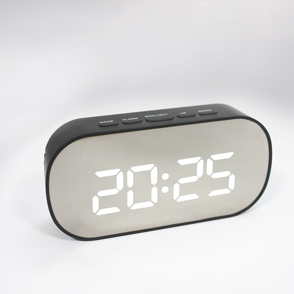 Rundt ledet spejl vækkeur digitalt bordur natlys snooze med temperatur elektronisk despertador hjemindretningsur: G