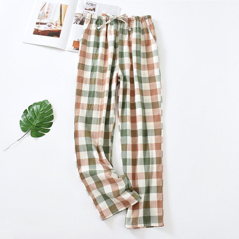 Spring Summer Fall Ladies Simple Style Plaid Pants Elastic Waist Comfort Loose Cotton Trousers Women Household Sleep Bottoms: green plaid / M