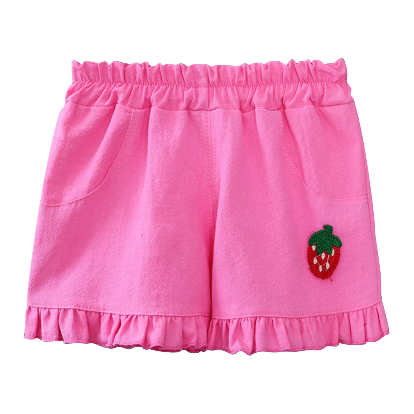 Short à volants pour filles, mignon, décor fraise, taille élastique, garniture à volants, couleur unie, vêtements d'extérieur, pantalons en coton pour un usage quotidien: Rose Red Strawberry / 110