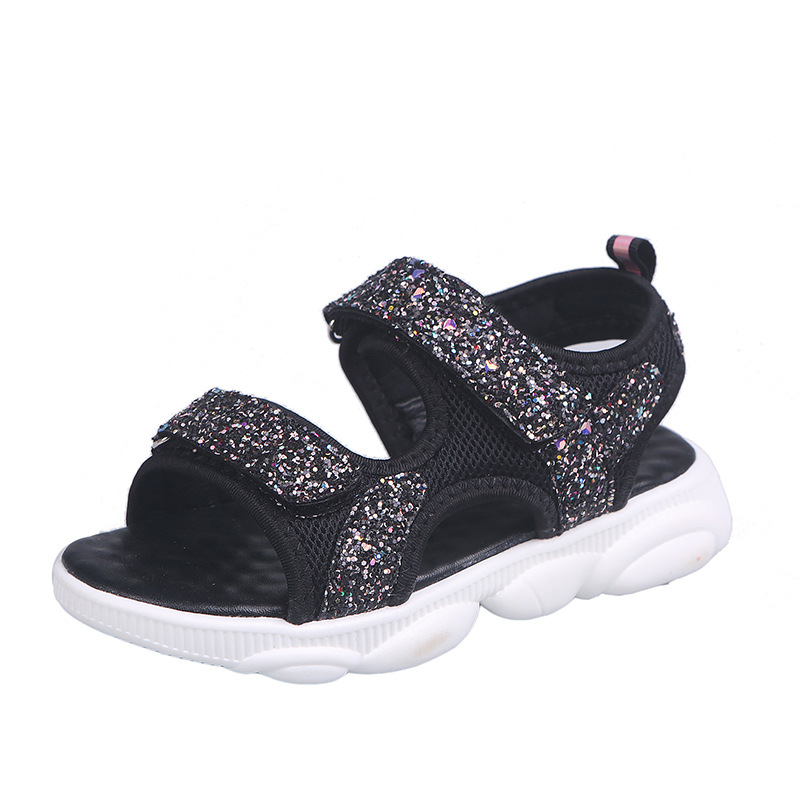 Glitter Sequin Girls Sandals Summer Korean Princess Dress Shoes Little Girls Sweet Children Beach Shoes Girls Shoes: Black / 1