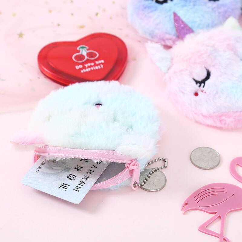 Fille fourrure fermeture éclair licorne porte-monnaie étudiant petit monstre dessin animé porte-clés portefeuille femmes couleurs cercle étui pour écouteurs sac pour