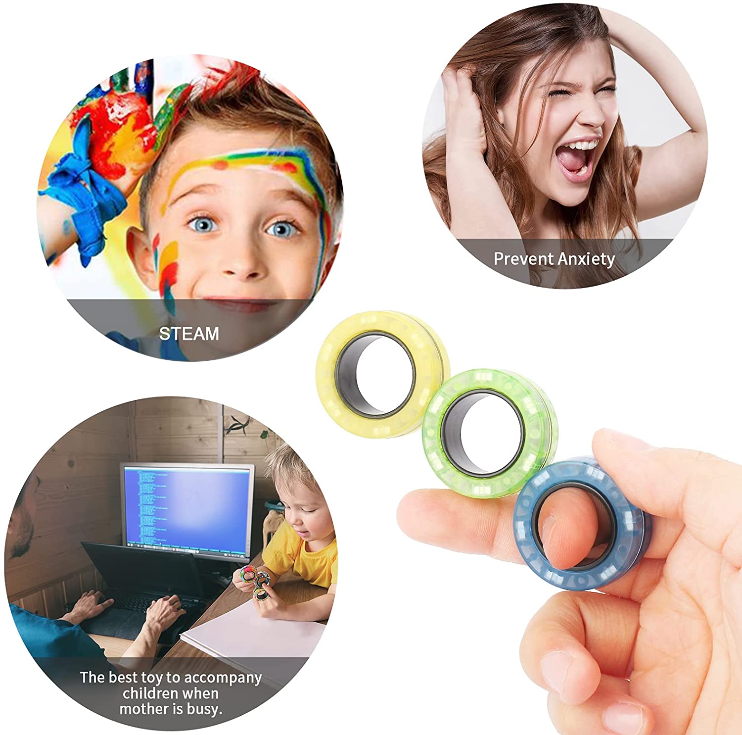 Magnetic Ring Fidget Toys Suit, Adhd Fidget Toys, Adult Fidget Magnet Swivel Ring Fingertip Spinning Top Fingers Out