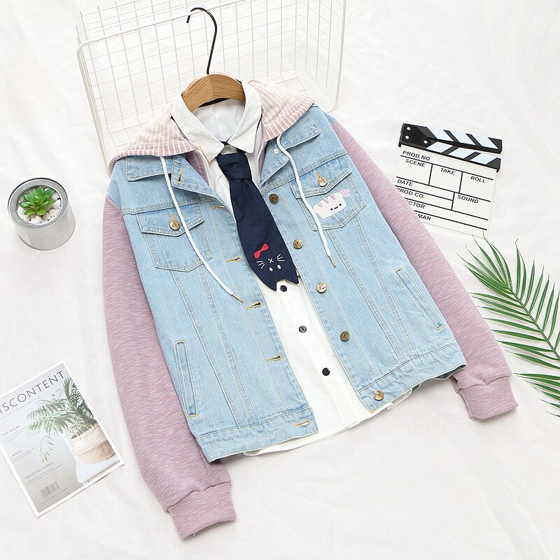 Women Harajuku Denim Jackets Japanese Style Autumn Denim Patchwork Kawaii Coat Loose Cute Embroidery Long Sleeve Hooded Jackets
