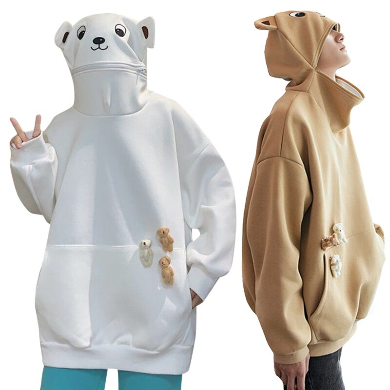 Unisex Frog Casual Panda Hooded Sweatshirt Couple with Plush Toy Accessories Durable for Winter Autumn Bear Hoodie AIA99