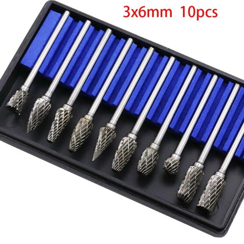 10pc 1/8" Shank Tungsten Carbide Milling Cutter Rotary Tool Burr Double Diamond Cut Rotary Dremel Tools Electric Grinding 3x6mm