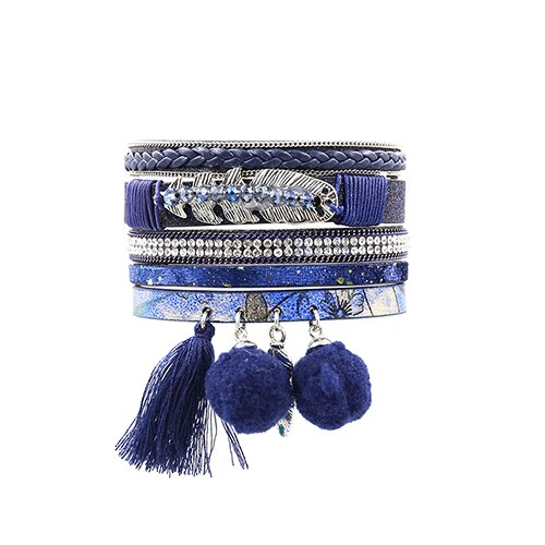 STRATHSPEY – ensemble de bracelets en strass pour femmes, plusieurs rangées, pompon, boule de fourrure, PU mousse, Bracelet, perles feuille d&#39;or, pendentif Olive: Blue