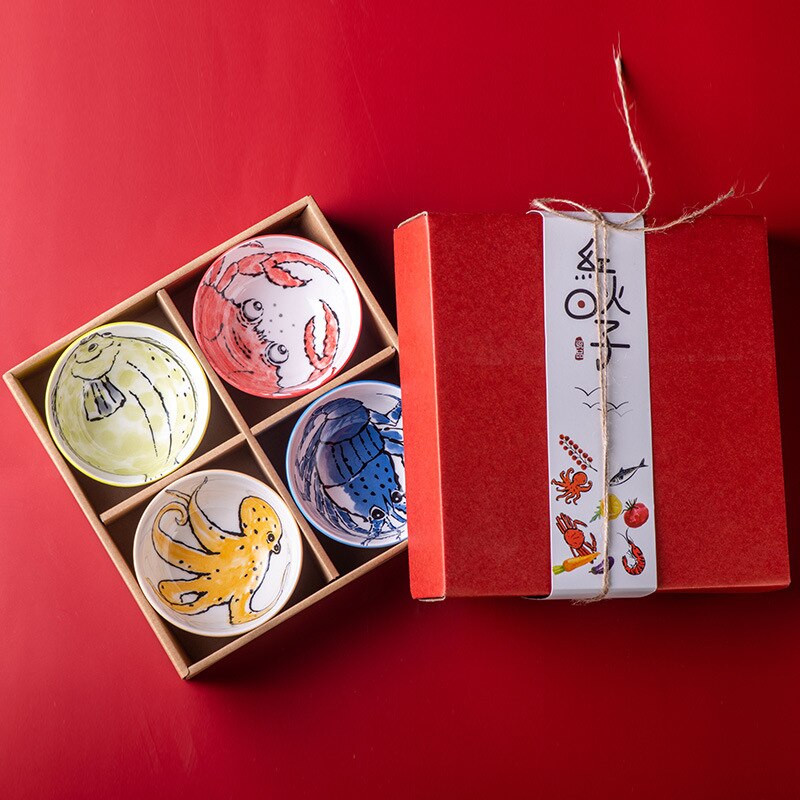 Japanese Ceramic Tableware Set Box Rice Soup Noodle Salad Bowl Seasoning Small Bowl Hand-painted Underglaze Candy Bowl: Cartoon-4 pcs