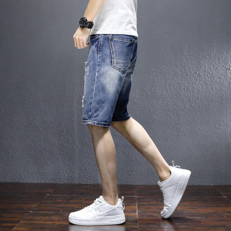 Pantalones cortos vaqueros clásicos para hombre, Vaqueros cortos rasgados, informales, ajustados, ropa de , de verano, 2022