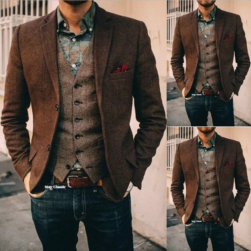 (Nur Mantel) Herren anzug brauner Fischgräten blazer Prom Smoking Wolle Tweed einreihig zwei Knöpfe Business/Hochzeits jacke