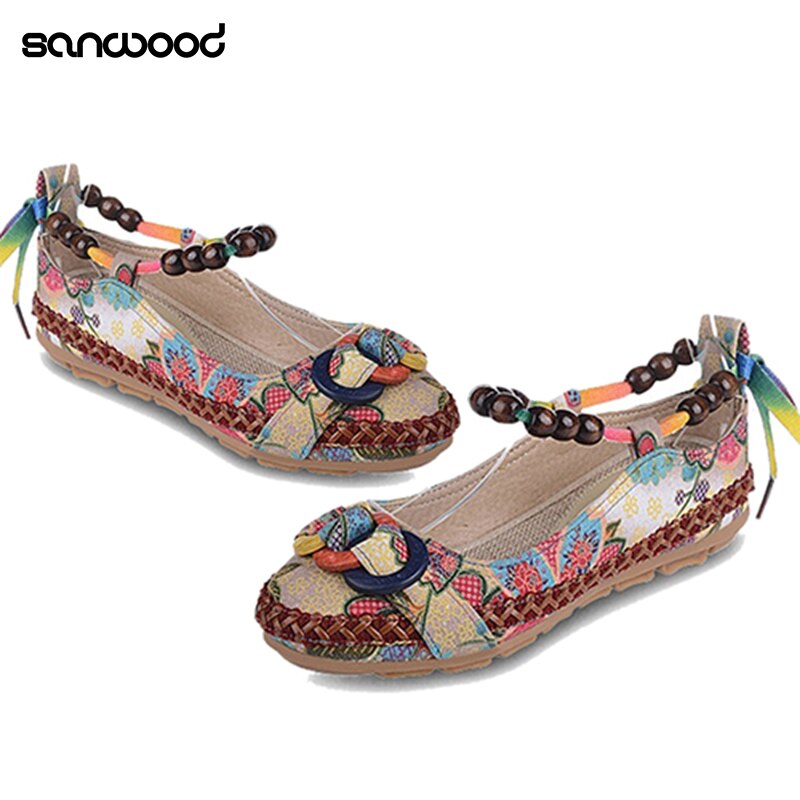 Mocasines coloridos étnicos con cordones y cuentas para mujer, zapatos planos de punta redonda cómodos, novedad