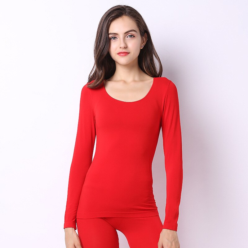 Kvinder slanke termiske undertøj sæt fulde ærmer o hals modal blød varm elastisk lange johns efterår vinter bund tøj: Rød