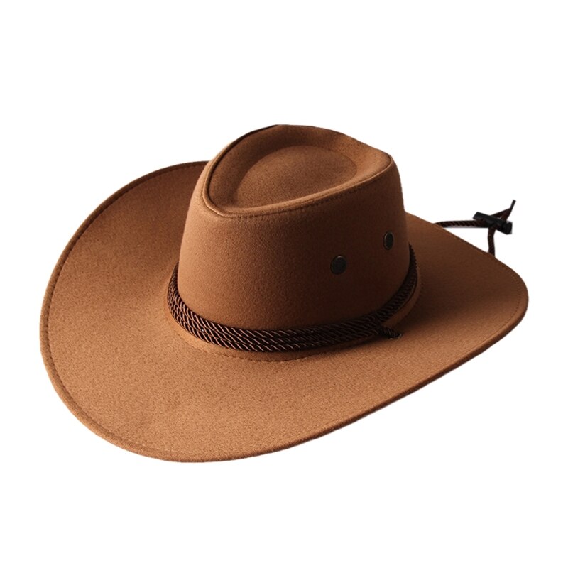 Unisex Western Cowboy Hat with Rope Men Women Retro Wide Brim Trendy Solid Color Jazz Hat Windproof Outdoor Sun Protection Cap: Khaki