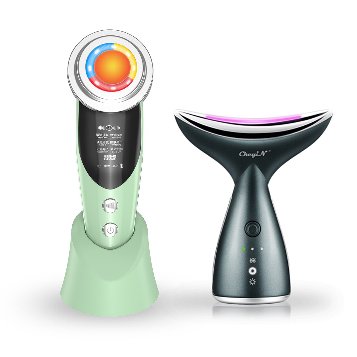 CkeyiN EMS RF LED Photon Therapy Face Lifting Machine + Led Facial Neck Massager Heating Anti Wrinkle Removal Skin Tightening: Green