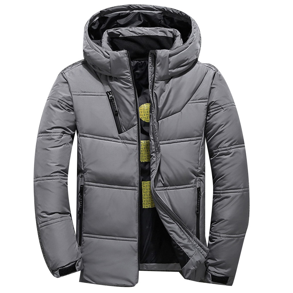 Men's Winter Solid Color Zipper Warm Hooded Down Jacket Outdoor Sport Parka Coat: Light Gray / XXL