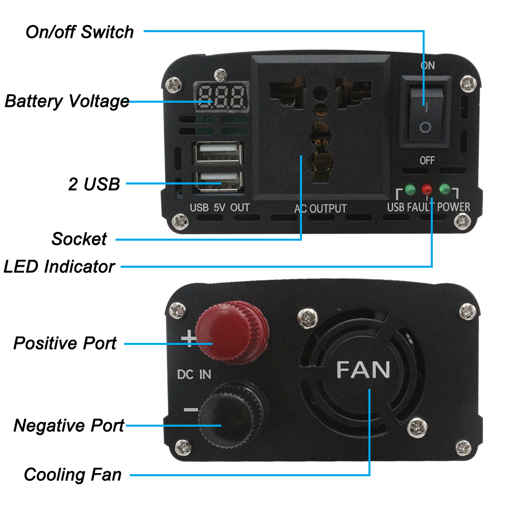 12V/24V 1500W/2000W/2600W Auto Accessories Led Charger Adapter 4.8A 2USB Charger Converter Car Solar Boost Power Inverter