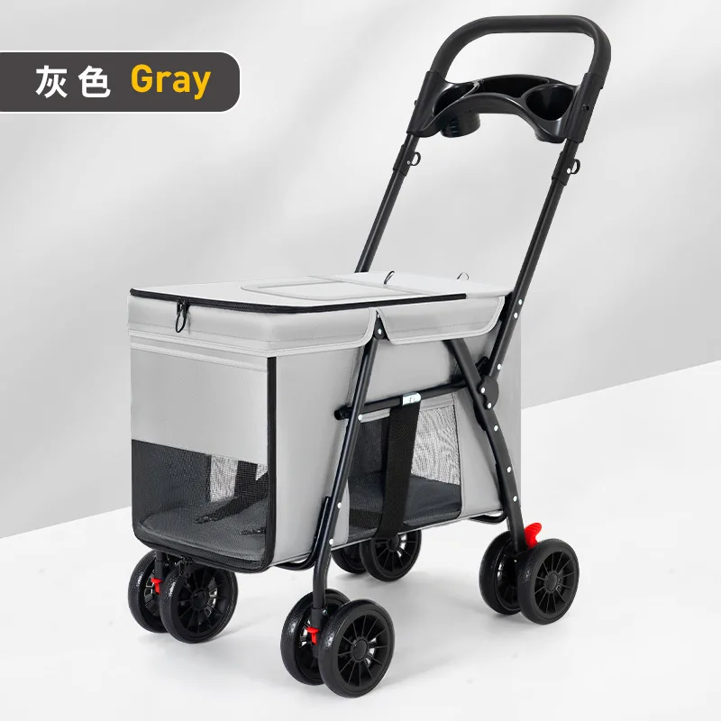Leve e dobrável Pet Stroller, carrinho de cachorro pequeno, Cat Teddy, uso ao ar livre, tamanho médio a grande: Cinza