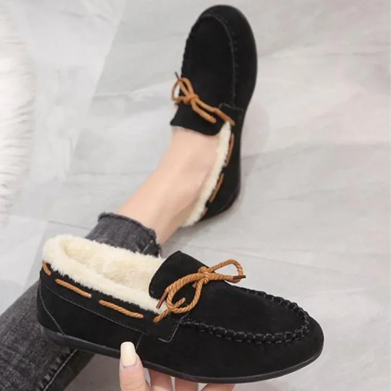 Vinterskor dam casual platta skor dammockasiner mjuka loafers komfort varma plysch rosett slip on dambomullsskor