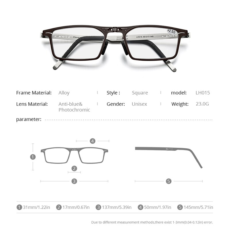 FONEX – lunettes photochromiques Anti-bleu pour hommes et femmes, pliables, sans vis, pour lecture, hypermétropie, LH015,