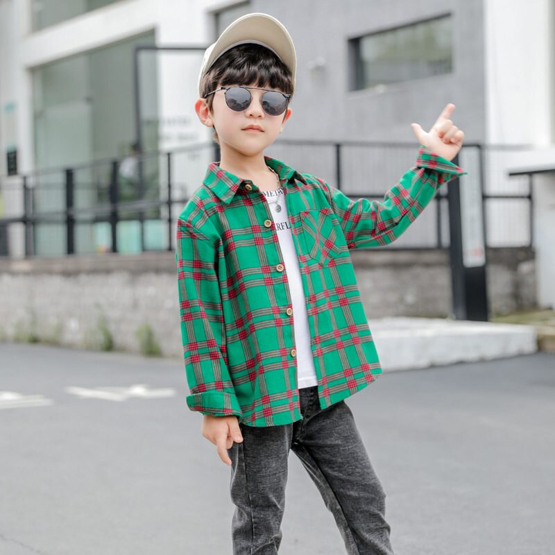 Camisa a cuadros para niños, coreana, camisas de algodón de manga larga para adolescentes, 3, 4, 5, 6, 7, 8, 9, 10, 11, 12, 13, 14: Verde / 9