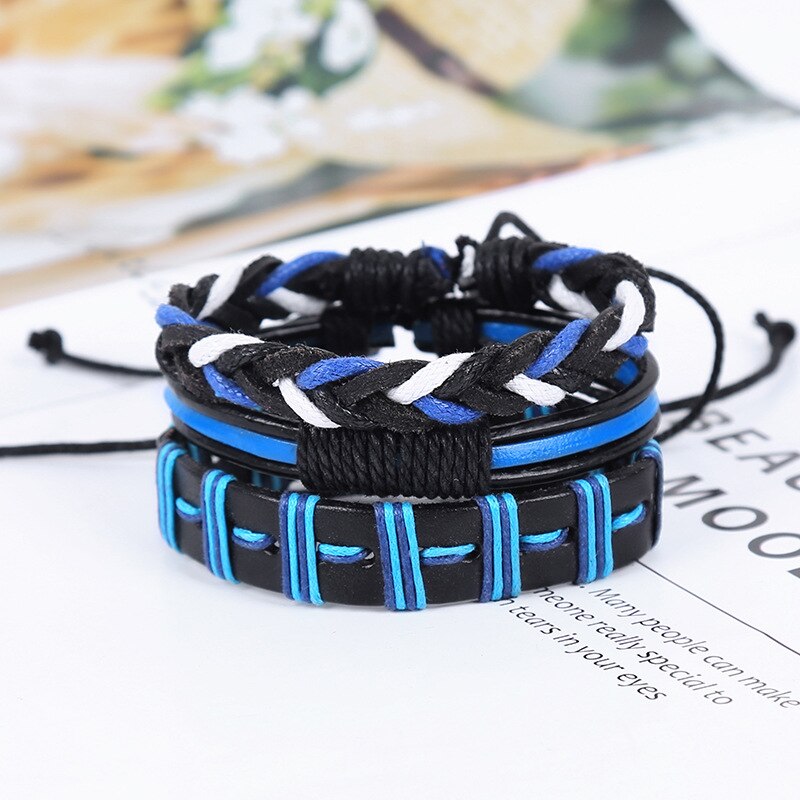 Style 3pcs/set Wrap Bracelets Men Charm Blue Leather Rope Brazalete Cuir Homme Handmade Adjustable Braslet Pulseras Joyas