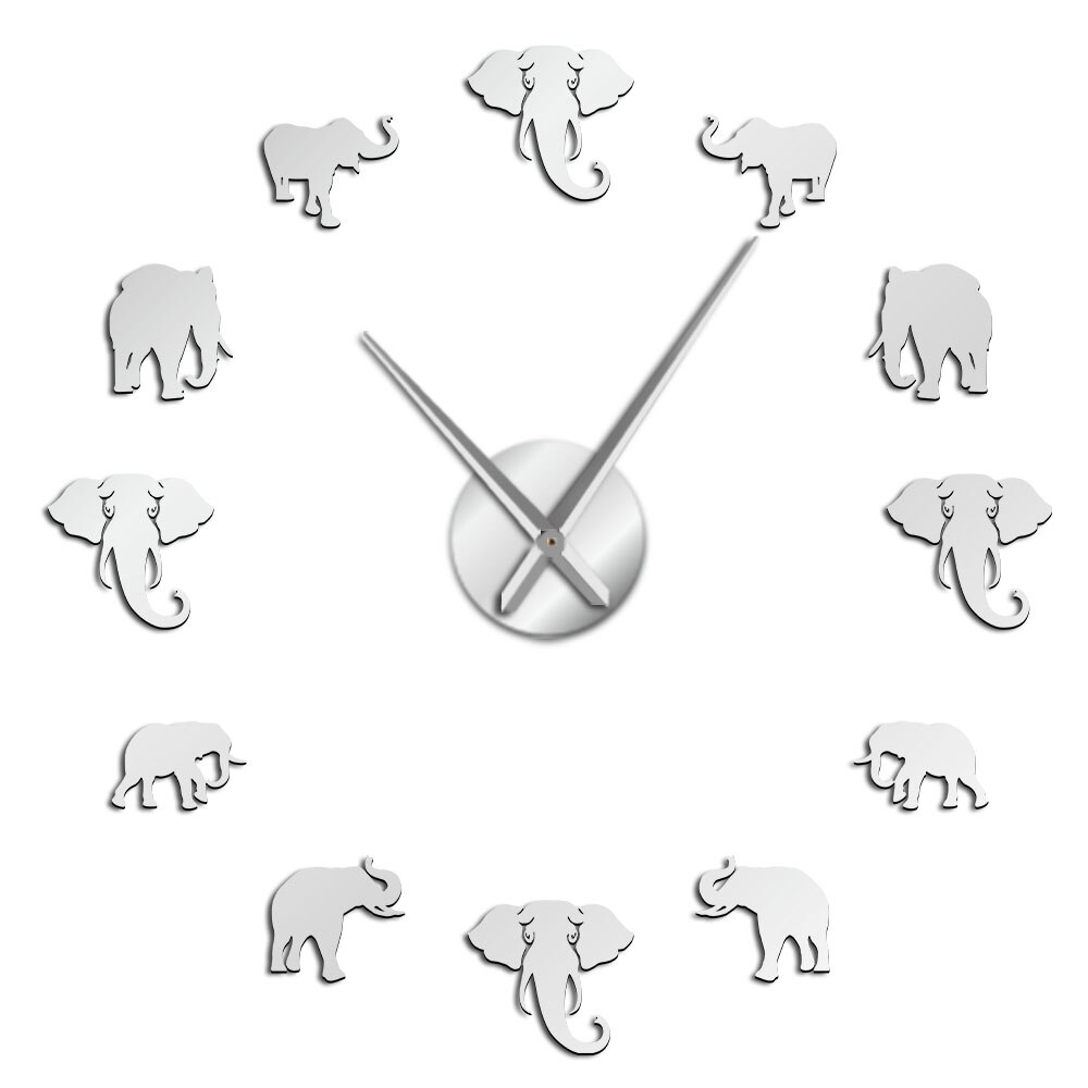 Horloge murale en forme d&#39;animaux de la Jungle et d&#39;éléphant, grand format, moderne, effet miroir, géante, sans cadre, décoration de maison, DIY bricolage: Silver / 37inch