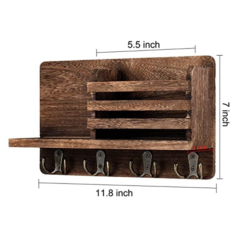 Entryway Mail Envelope Organizer with 4 Key Hooks Wall Mounted, Rustic Wood Mail Holder Shelf with Key Hooks for Wall