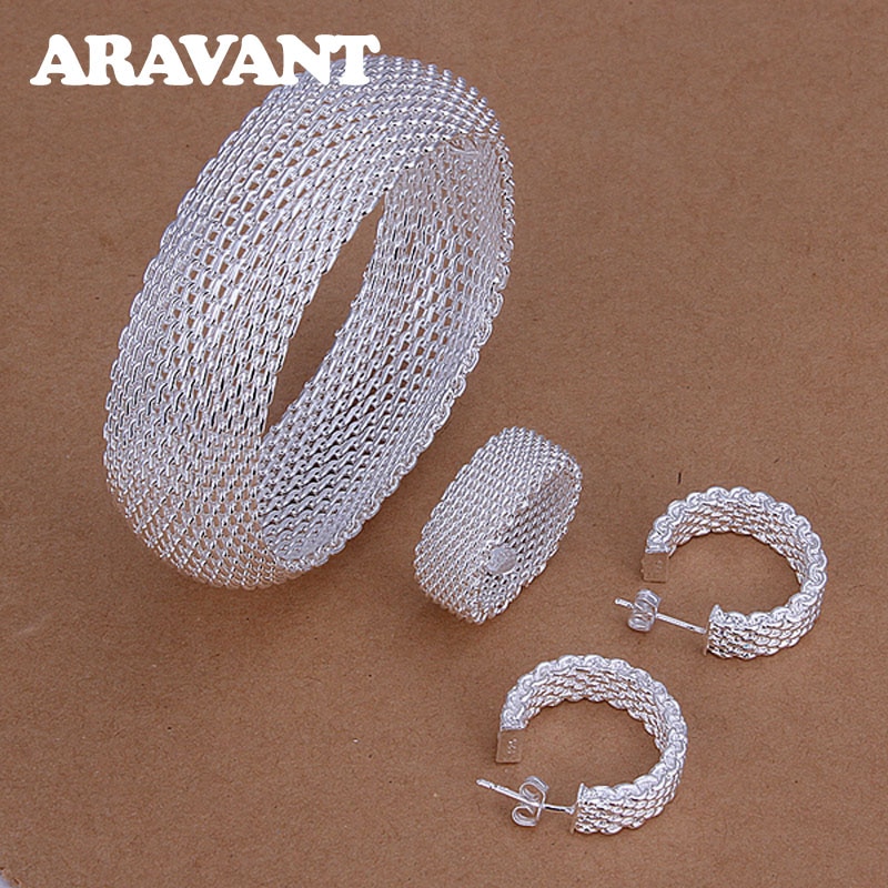 Nouvelle 925 ensembles de bijoux en argent rond tissé Web bracelets anneaux boucle d'oreille pour les femmes bijoux de mariage