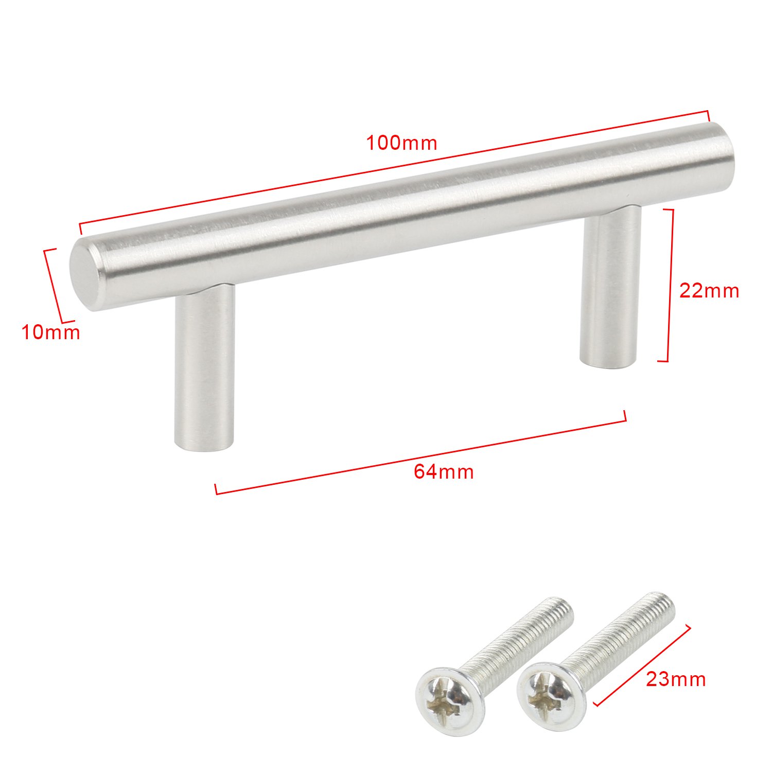 Pack With 20 Furniture / Cabinet / Drawer Handles Made Of Stainless Steel, Total Width 100Mm, T-Handle Center 64Mm