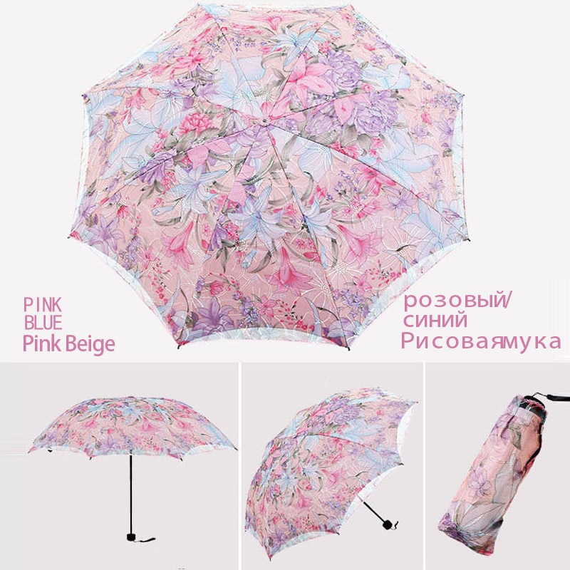 Mooie Vrouwen Kant Paraplu Anti Uv Zwarte Coating Parasol 3 Folding Zon Regen Paraplu Volwassen Prinses Kant Paraplu