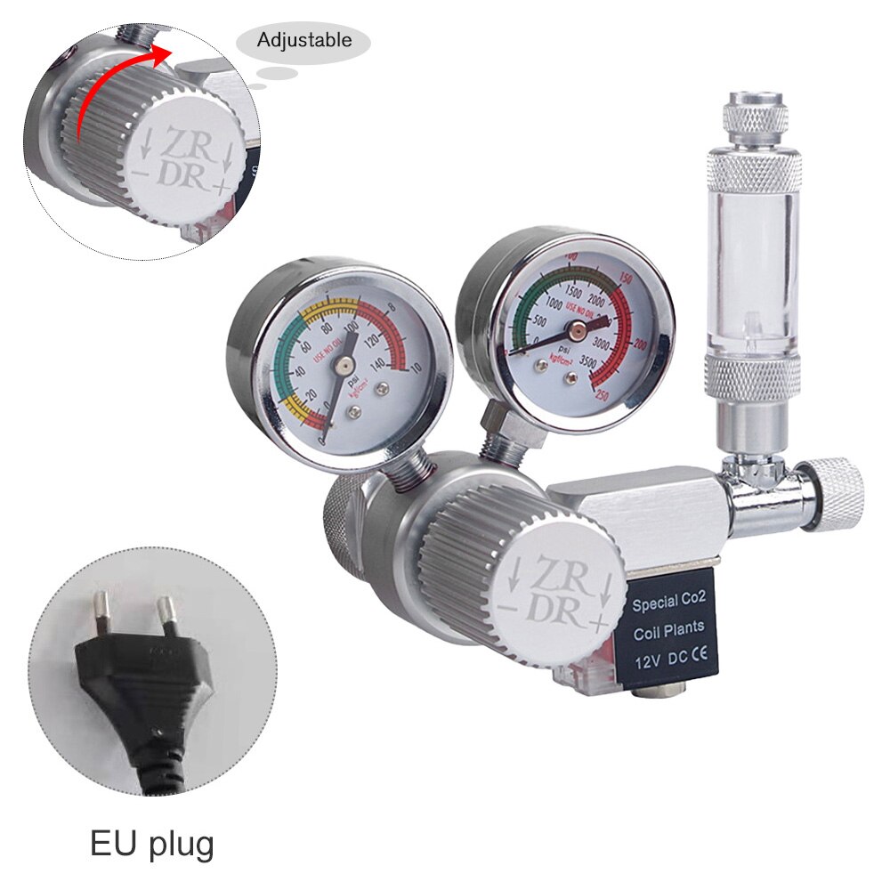 Aquarium CO2 Regulator Adjustable CO2 Pressure Regulator with Solenoid Large Double Pressure Gauge Bubble Counter Check Valve