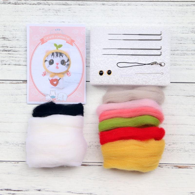 Gorra de Navidad gato lana manualidad de fieltro DIY inacabado pinchado conjunto Kit para manualidades para Material de la aguja bolsa hecha a mano pinchado conjunto: 09