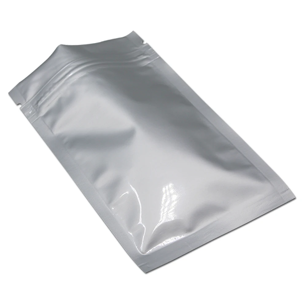 100Pcs Silver Pure Aluminum Foil Zip Lock Packaging Bag Grocery Snack Retail Mylar Zipper Tear Notch Storage Packing Pouches