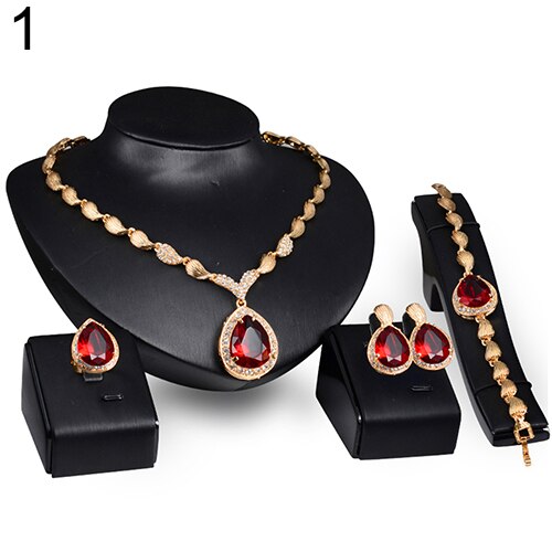 Vrouwen Sieraden Set Formele Party Waterdrop Zirconia Ketting Oorbellen Armband Ring Indian Sieraden Sets: Red