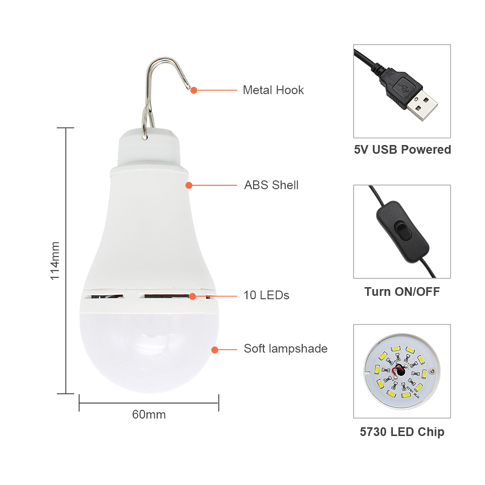 Linterna LED USB para exteriores, Bombilla portátil para acampar, 5V, 3 colores, lámpara recargable regulable para tienda de campaña en casa, senderismo, luz nocturna de emergencia