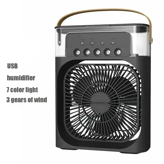 HIOT-ventilador humidificador portátil para el hogar, aire acondicionado, ventilador eléctrico USB, luz LED nocturna, niebla de agua divertida, humidificador enfriador de aire 3 en 1: Negro