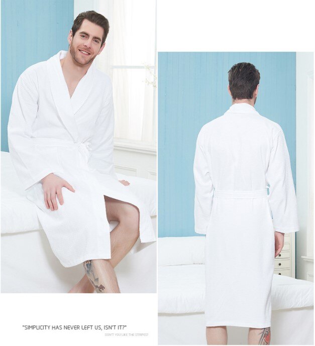 Vår høst tynn bomull vaffel badekåpe for menn kvinner hjemme hotell badekåper unisex svette fordampe spa kimono morgenkåpe: Menn hvite / S