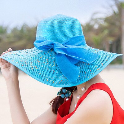 Women Ladies Summer Hats Straw Hats Bow Beach Foldable Sun Hats: Dot Sky Blue